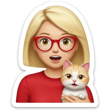 emoji style, waist-up woman with light skin, blonde bob hair, white cat-eye glasses, red shirt, hand cupped tightly around her mouth, hand very close to face as she shouts forward, excited expression, simple background sticker