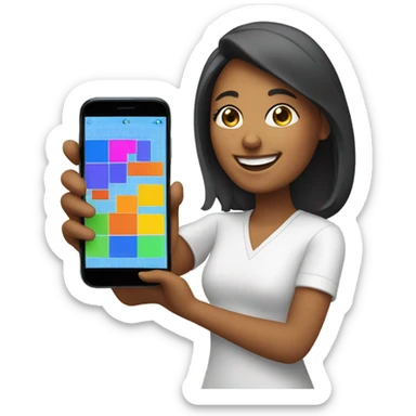 woman happy with a smartphone showing charts sticker