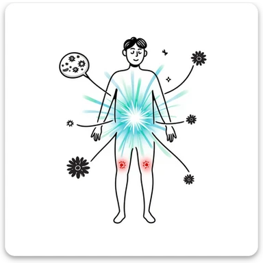 Conceptual medical illustration showing anti-inflammatory process: human body outline with glowing joints, blue and green healing energy radiating, red inflammation areas being neutralized, small view of calming immune cells, clean clinical aesthetic with futuristic medical background sticker