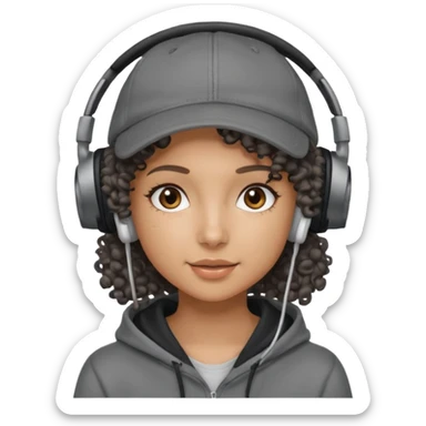 curly haired with headphones in and hoddie girls with cap sticker