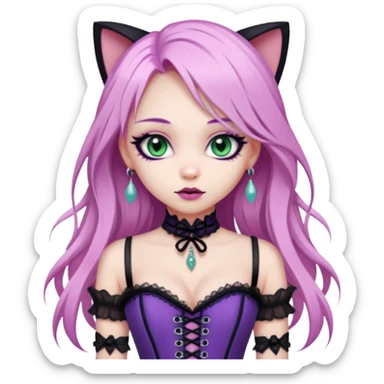 pretty scary girl, long straight LIGHT pink HAIR, jade kitten eyes, black eyeliner, pale skin, purple corset clothes with laces sticker