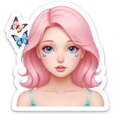 Gorgeous pastel lady with blushing face and butterflies aesthetic trending style sticker