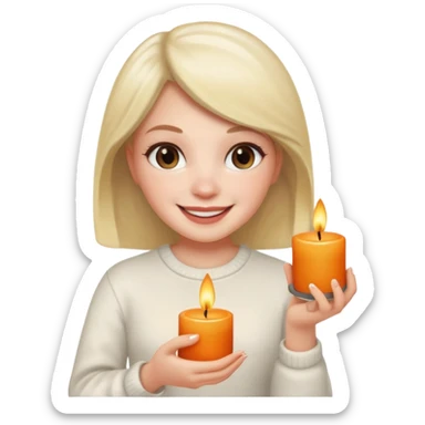 girl smiling with a scented candle, iPhone memoji style, white skin sticker