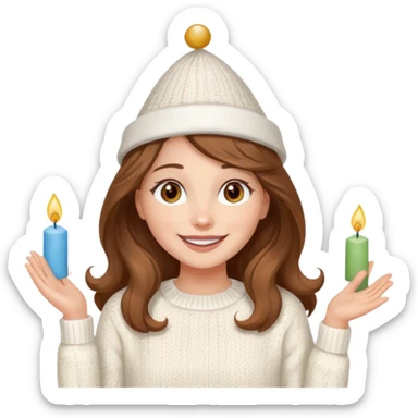 A pretty white girl with hazel brown eyes and long brown wavy hair in a cosy white knit sweater, she is celebrating her birthday and is happy sticker