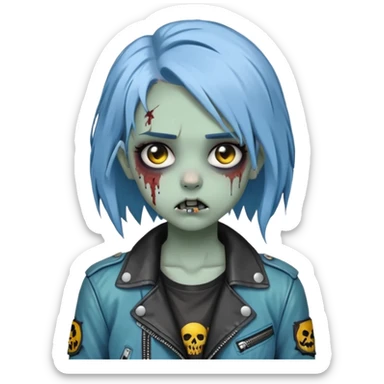 zombie teen girl with ashy blue hair, eye color black, grunge style or leather jacket emoji sticker