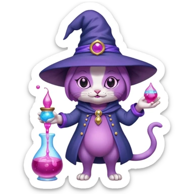 Purple witch cat full body with pink potion and blue potion bubbling  sticker