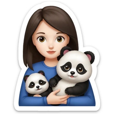 an brunette hair girl holding her white pomeranian dog that looks like a panda sticker