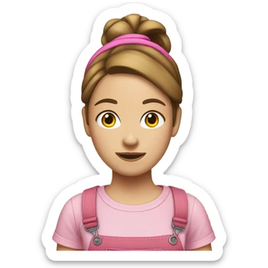 A white woman with brown hair in pony tail wearing pink headband, pink t shirt and overalls  sticker