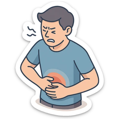 detailed 2D isometric illustration of a person (patient) with stomach pain, waist up, close-up, holding stomach and writhing in pain, soft rounded shapes, shadows and highlights, clean contours, pastel palette, modern illustration, transparent background sticker