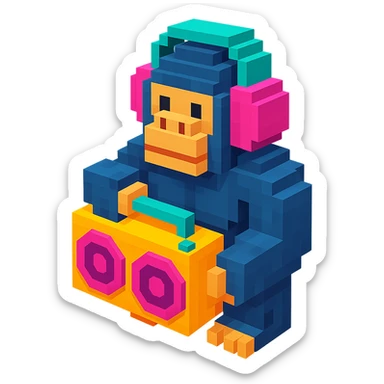 voxel style gorilla with headphones, holding a boombox, isometric view sticker