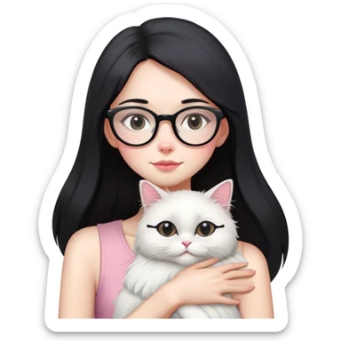 Skinny woman with oval glasses, long straight black hair, pink cheek blush, wearing white sleeveless top, hugging a grey Persian-Angora cat, plain background sticker