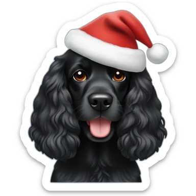 a black cocker spaniel smiling with a santa hat sticker