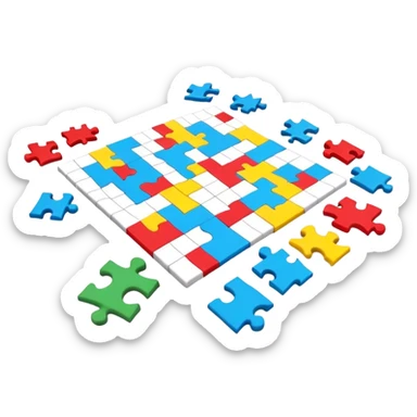 A colorful puzzle piece, a crossword magazine, a 3D puzzle, and a partially completed puzzle picture on a table. Bright colors, modern style. Transparent background, suitable for puzzles and brain games. sticker