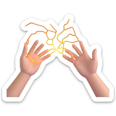 two hands reaching towards each other with glowing connection sticker
