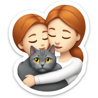 Red hair woman kissing the head of a grey British shorthair cat with yellow eyes sticker
