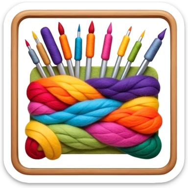 Felt art creation icon, layers of colorful felt being carefully shaped with felting needles into a picture or decorative design, visible hand tools like felting needles, no finished artwork, just the process of felting, minimalistic style, clean lines, transparent background. sticker