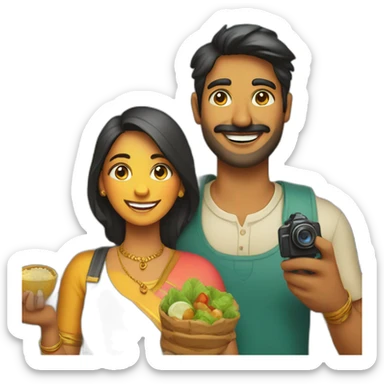 Indian fair modern man and woman with camera in one hand and food in other hand, happy smiling sticker
