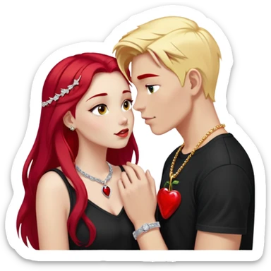 young couple kissing, girl with long cherry red hair and blonde eyebrows, gold A necklace, diamond ring, red bracelet, light clothes, boy with SHORT SNOW WHITE hair, silver ring with black stone, dark t-shirt sticker