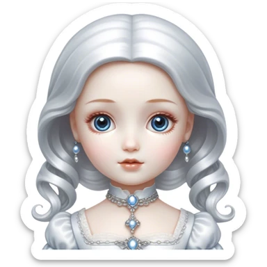 Cinematic and Ultra realistic 32k HD hauntingly beautiful porcelain doll sitting in a chair, Balanced features, highly detailed, glowing with silver light, high shine, remembrance, a painting of white silver, fanciful, enchanting. The image is so lifelike it could leap off the canvas at any moment sticker