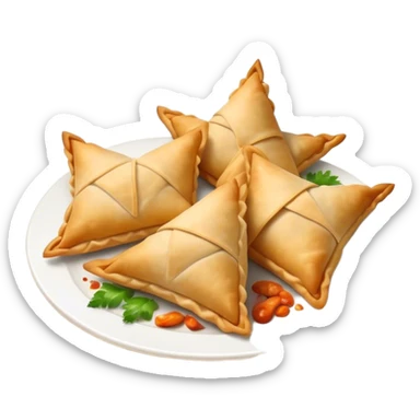 Cinematic Realistic Samosas Dish Emoji, depicted as golden, crispy pastry pockets filled with spiced vegetables rendered with detailed textures and appetizing lighting. sticker