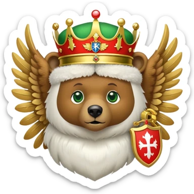 Cute brown bear head with green eyes, wearing white fur ushanka hat with Russian coat of arms: golden double-headed eagle with spread wings, three crowns connected by ribbon, scepter in right claw, orb in left claw, red shield on chest with St. George slaying dragon, iOS emoji style sticker