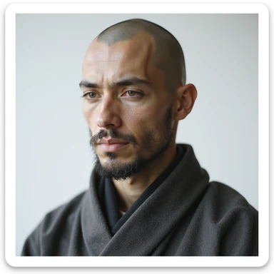 realistic AI chatbot inspired by a Zen warrior monk, minimalist techwear, subtle digital accents, contemplative face, clean background, exuding patience and inner peace sticker