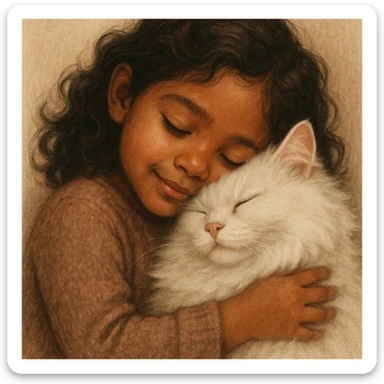 brown girl snuggling fluffy white cat, style 3 sticker