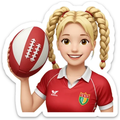 Chica de pelo rubio tirada en el suelo boca abajo agarrando un balón DE RUGBY con las manos vestida con una equipación de color rojo y blanco con líneas y con unas botas de tacos de fútbol, con un bucal en la boca y el pelo con trenzas, se la tienen que ver las 2 piernas y que sonría  sticker