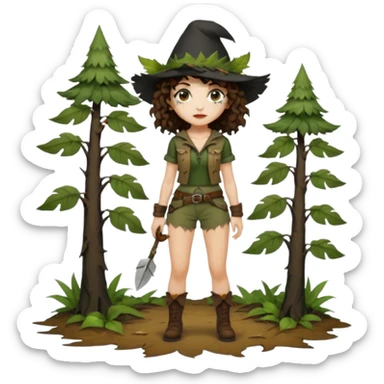 full body woman short curly brown mullet hair brown eyes white skin sexy forest rogue with torn leaf shorts and crow hat sticker