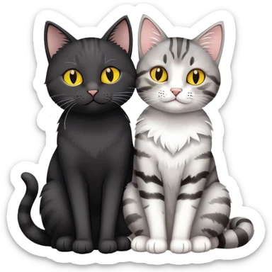 black cat with yellow eyes sitting next to gray tabby cat cuddling with a heart above sticker
