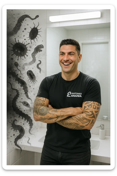 a man stands in a brightly lit bathroom, looking relieved and revitalized as he examines his reflection in the mirror. In the foreground, stylized, shadowy images of parasites (such as worms or protozoa) are shown leaving his body, dissolving into mist or fading away. His posture is upright and his expression is one of newfound energy and health. sticker