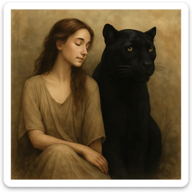 Make the panther black while keeping the woman and background unchanged. Artistic and detailed style. sticker