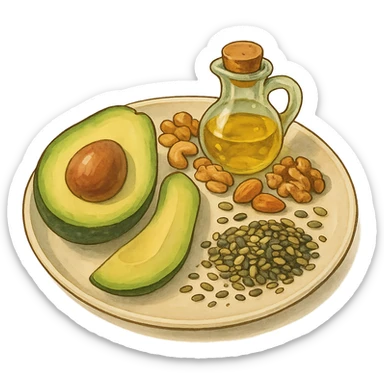 plate with avocado, nuts, olive oil, and seeds in ghibli style sticker