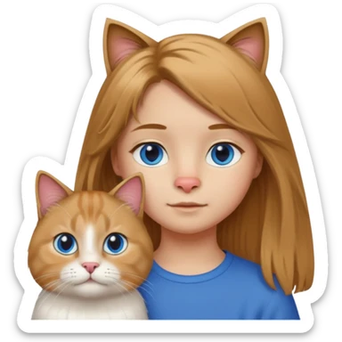 11-year-old child with hazel hair, black eyes, slide-shaped nose, standing next to a Scottish longhair cat with blue eyes, apple emoji style sticker