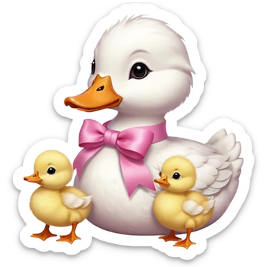 White mama duck with baby chicks with pink ribbons around neck sticker