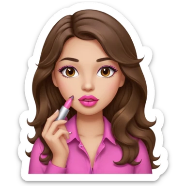 girl with long wavy brown hair, brown eyes, light to medium complexion, in a pink sexy shirt, pink lips, long lashes, puckered lips, putting on lipstick sticker