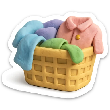 laundry basket with towels and shirts peeking out, pastel colors, claymation style sticker