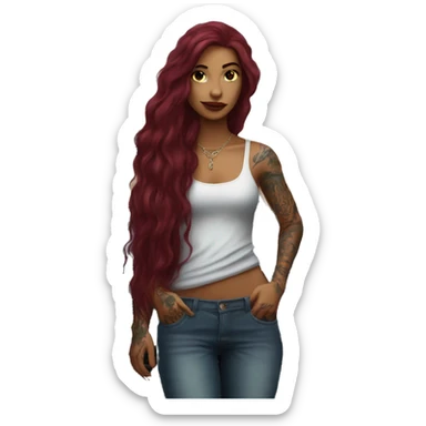 Beautiful tattooed burgundy long haired woman standing next to a car sticker