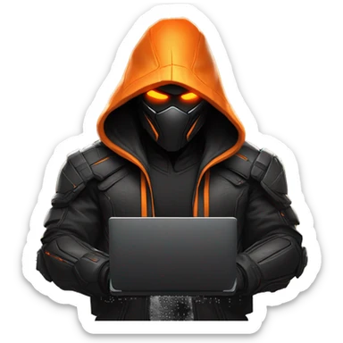  developer behind his laptop with this style : crysis Cyberpunk Valorant orange glowing bright orange character orange black hooded assassin themed character sticker