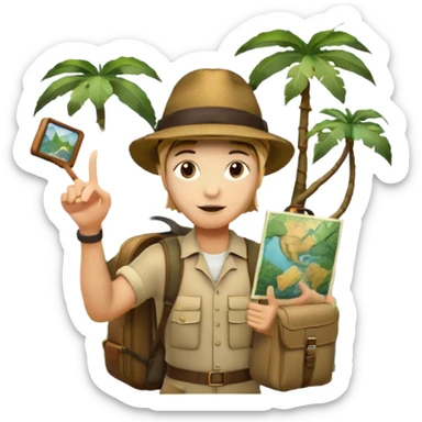 Icon for Travel Documentary: A vintage TV-style design with a traveler pointing backward, telling a story in the jungle. Include lush greenery, exotic animals, and a backpack. The traveler should be wearing a hat and holding a map. Retro, informative TV style. Transparent background. sticker