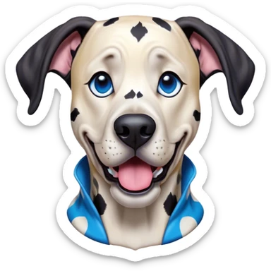 Cinematic Comical Harlequin Great Dane Portrait Emoji, Head tilted dramatically with an exaggeratedly shocked or amused expression, featuring a striking coat of predominantly white with vivid black patches, wide, expressive blue eyes filled with playful disbelief, Simplified yet hilariously expressive features, highly detailed, glowing with a slightly sassy glow, high shine, dramatic yet playful, stylized with an air of cheeky charm, bright and endearing, soft glowing outline, capturing the essence of a spirited and over-the-top guardian, so meme-worthy it feels like it could side-eye its way into internet fame instantly! sticker