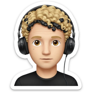curly blonde haired man with hazel eyes, wearing a black top and black gaming headphones sticker