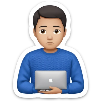 a asian guy wearing a blue knit with white shirt, looking sad, holding a macbook, only upper body, high quality sticker