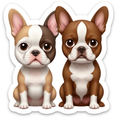 All pure white French bulldog sitting next to skinny brown Boston terrier sticker