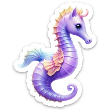 Cinematic Noble Sea Horse Portrait Emoji, Poised and enchanting, with a delicate, slender body in soft pastel hues, a gracefully curled tail and large, expressive eyes radiating gentle wonder, Simplified yet charmingly cute features, highly detailed, glowing with a soft, magical aquatic luminescence, high shine, intelligent and endearing, stylized with an air of whimsical marine grace, focused and poised, soft glowing outline, capturing the essence of a watchful and confident seahorse that appears ready to drift out of the screen with delightful charm! sticker