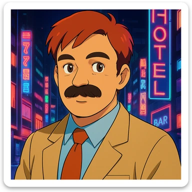 Add a neon city background, keep the 90's anime style and all original colors and lighting sticker