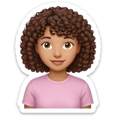 A Latina girl with brown eyes and short curly hair with curly bangs with a light pink shirt sticker