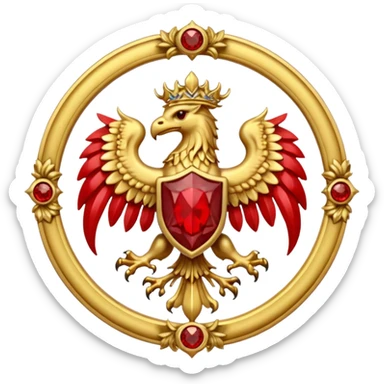 Golden griffin crest / brosch in a circle with red gems and no background sticker