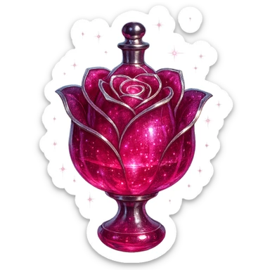 rose-shaped luxurious elixir bottle, deep pink color, iridescent and silver details, intense magical glowing and sparkling effects, very small neck, seamless bottom, transparent background, floating, no base or shadow, modern, matching a collection sticker