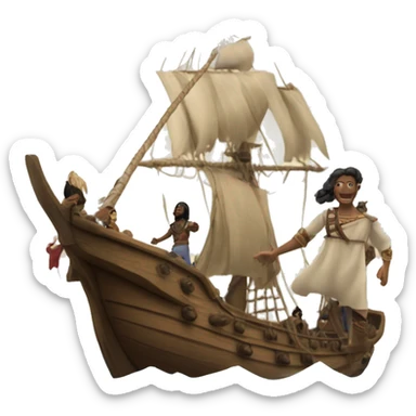a ship and some land. the ship is approaching the land, and on the ship are british people. they are meeting the indians. sticker